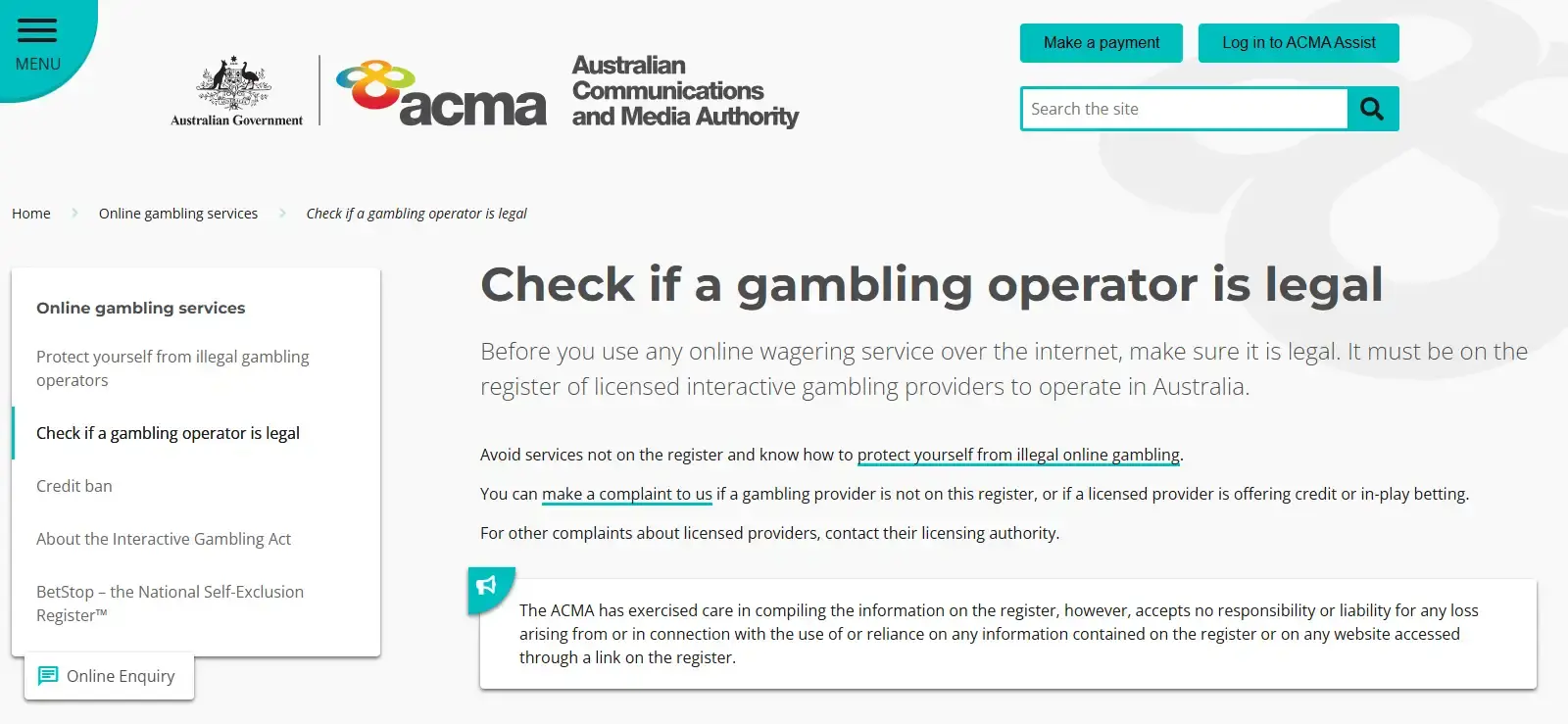 ACMA gambling operator legality page or register evidence