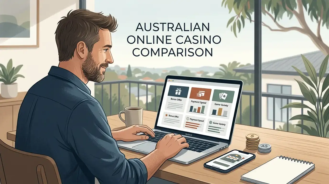 Australian reader comparing online casino features on a laptop