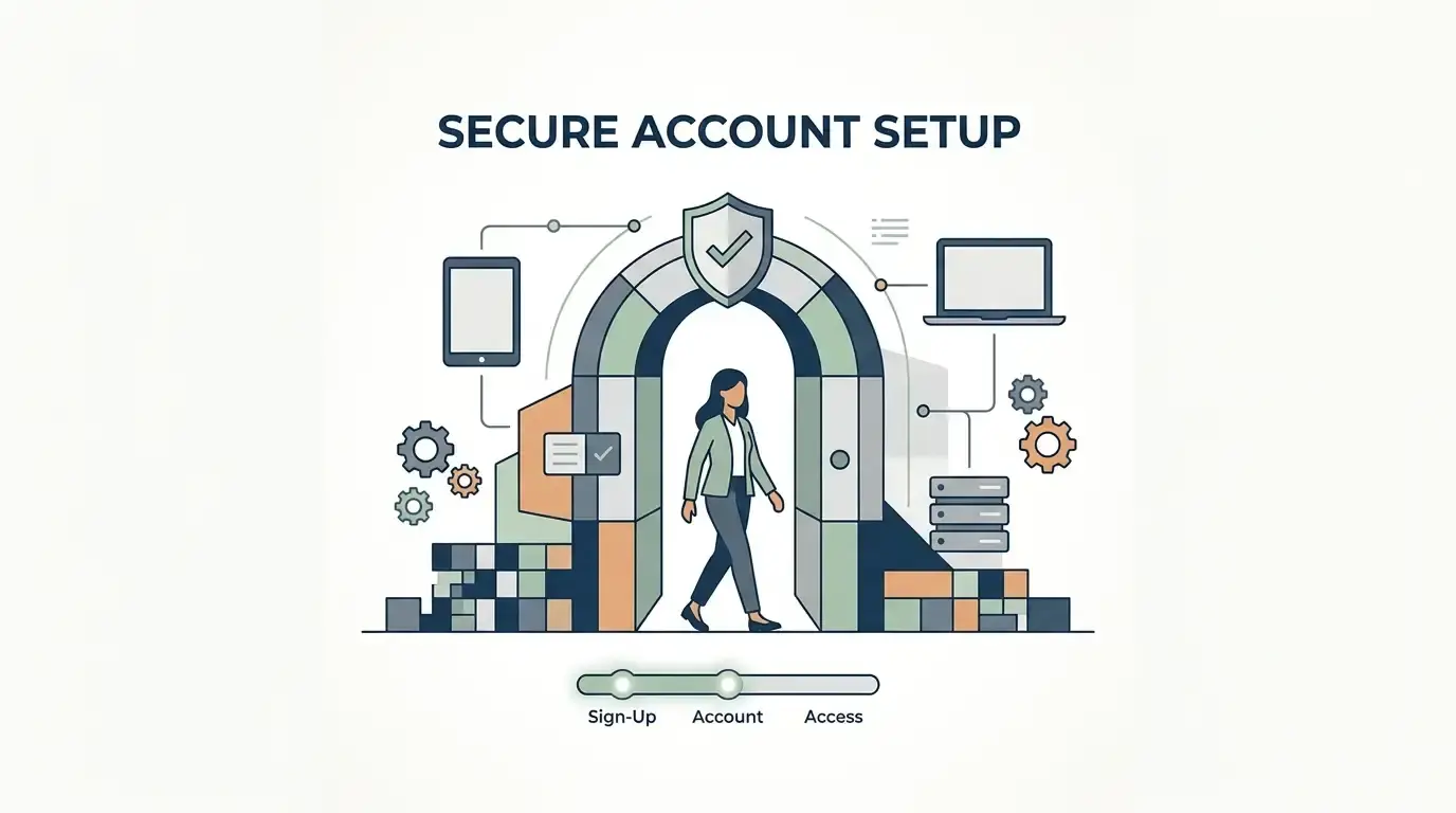 Generic account registration concept with country, currency and verification steps
